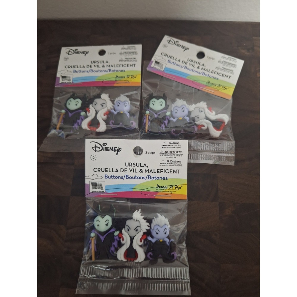 Lot of 3 Disney Villains Dress It Up Buttons Ursula Cruella Maleficent 9511